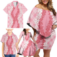 Hawaii Aloha Plumeria Lei Pink Palaka Family Matching Off Shoulder Short Dress and Hawaiian Shirt - Polynesian Pride