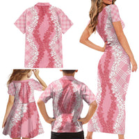 Hawaii Aloha Plumeria Lei Pink Palaka Family Matching Short Sleeve Bodycon Dress and Hawaiian Shirt - Polynesian Pride