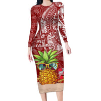 Mele Kalikimaka Hawaii Christmas Long Sleeve Bodycon Dress Pineapple Party LT7 Long Dress Red - Polynesian Pride