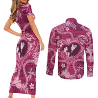 Hawaii Plumeria Couples Matching Short Sleeve Bodycon Dress and Long Sleeve Button Shirt Hau'oli la Makuahine Rosy LT7 - Polynesian Pride