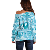 Hawaii Plumeria Off Shoulder Sweater Hau'oli la Makuahine Turquoise LT7 - Polynesian Pride