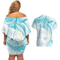 Polynesia Humpback Whale Couples Matching Off Shoulder Short Dress and Hawaiian Shirt Tropical Plumeria Turquoise