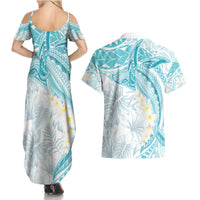 Polynesia Humpback Whale Couples Matching Summer Maxi Dress and Hawaiian Shirt Tropical Plumeria Turquoise