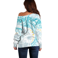 Polynesia Humpback Whale Off Shoulder Sweater Tropical Plumeria Turquoise