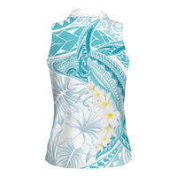 Polynesia Humpback Whale Women Sleeveless Polo Shirt Tropical Plumeria Turquoise