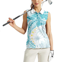Polynesia Humpback Whale Women Sleeveless Polo Shirt Tropical Plumeria Turquoise