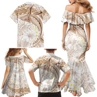 Polynesia Humpback Whale Family Matching Mermaid Dress and Hawaiian Shirt Tropical Plumeria Beige