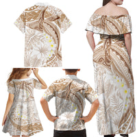 Polynesia Humpback Whale Family Matching Off Shoulder Maxi Dress and Hawaiian Shirt Tropical Plumeria Beige