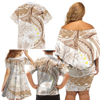 Polynesia Humpback Whale Family Matching Off Shoulder Short Dress and Hawaiian Shirt Tropical Plumeria Beige
