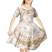 Polynesia Humpback Whale Kid Short Sleeve Dress Tropical Plumeria Beige