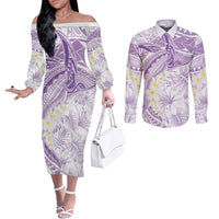 Polynesia Humpback Whale Couples Matching Off The Shoulder Long Sleeve Dress and Long Sleeve Button Shirt Tropical Plumeria Lavender LT7 Lavender - Polynesian Pride