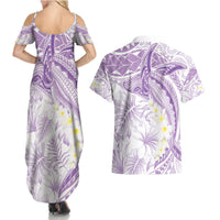 Polynesia Humpback Whale Couples Matching Summer Maxi Dress and Hawaiian Shirt Tropical Plumeria Lavender