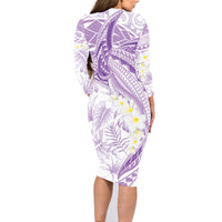 Polynesia Humpback Whale Family Matching Long Sleeve Bodycon Dress and Hawaiian Shirt Tropical Plumeria Lavender