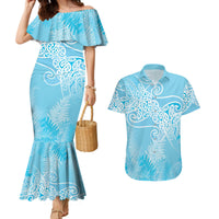 Aotearoa Maori Koru Curves Couples Matching Mermaid Dress and Hawaiian Shirt Silver Ferns - Turquoise LT7 Turquoise - Polynesian Pride