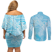 Aotearoa Maori Koru Curves Couples Matching Off Shoulder Short Dress and Long Sleeve Button Shirt Silver Ferns - Turquoise LT7 - Polynesian Pride