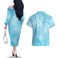 Aotearoa Maori Koru Curves Couples Matching Off The Shoulder Long Sleeve Dress and Hawaiian Shirt Silver Ferns - Turquoise LT7 - Polynesian Pride