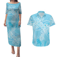 Aotearoa Maori Koru Curves Couples Matching Puletasi and Hawaiian Shirt Silver Ferns - Turquoise LT7 Turquoise - Polynesian Pride