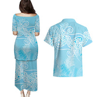 Aotearoa Maori Koru Curves Couples Matching Puletasi and Hawaiian Shirt Silver Ferns - Turquoise LT7 - Polynesian Pride