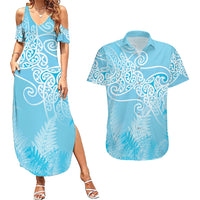 Aotearoa Maori Koru Curves Couples Matching Summer Maxi Dress and Hawaiian Shirt Silver Ferns - Turquoise LT7 Turquoise - Polynesian Pride