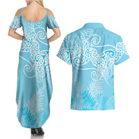 Aotearoa Maori Koru Curves Couples Matching Summer Maxi Dress and Hawaiian Shirt Silver Ferns - Turquoise LT7 - Polynesian Pride
