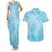 Aotearoa Maori Koru Curves Couples Matching Tank Maxi Dress and Hawaiian Shirt Silver Ferns - Turquoise LT7 Turquoise - Polynesian Pride
