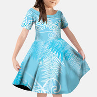 Aotearoa Maori Koru Curves Family Matching Off Shoulder Short Dress and Hawaiian Shirt Silver Ferns - Turquoise LT7 Daughter's Dress Turquoise - Polynesian Pride