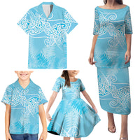 Aotearoa Maori Koru Curves Family Matching Puletasi and Hawaiian Shirt Silver Ferns - Turquoise LT7 - Polynesian Pride