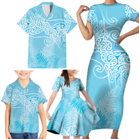 Aotearoa Maori Koru Curves Family Matching Short Sleeve Bodycon Dress and Hawaiian Shirt Silver Ferns - Turquoise LT7 - Polynesian Pride