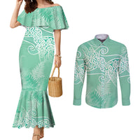 Aotearoa Maori Koru Curves Couples Matching Mermaid Dress and Long Sleeve Button Shirt Silver Ferns - Mint LT7 Mint Green - Polynesian Pride