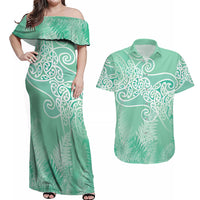 Aotearoa Maori Koru Curves Couples Matching Off Shoulder Maxi Dress and Hawaiian Shirt Silver Ferns - Mint LT7 Mint Green - Polynesian Pride