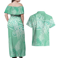 Aotearoa Maori Koru Curves Couples Matching Off Shoulder Maxi Dress and Hawaiian Shirt Silver Ferns - Mint LT7 - Polynesian Pride