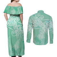 Aotearoa Maori Koru Curves Couples Matching Off Shoulder Maxi Dress and Long Sleeve Button Shirt Silver Ferns - Mint