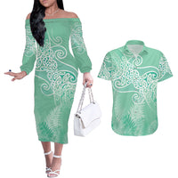 Aotearoa Maori Koru Curves Couples Matching Off The Shoulder Long Sleeve Dress and Hawaiian Shirt Silver Ferns - Mint LT7 Mint Green - Polynesian Pride