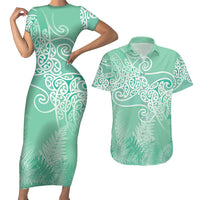 Aotearoa Maori Koru Curves Couples Matching Short Sleeve Bodycon Dress and Hawaiian Shirt Silver Ferns - Mint LT7 Mint Green - Polynesian Pride