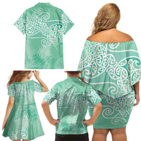 Aotearoa Maori Koru Curves Family Matching Off Shoulder Short Dress and Hawaiian Shirt Silver Ferns - Mint LT7 - Polynesian Pride