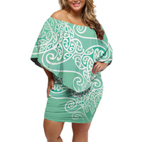 Aotearoa Maori Koru Curves Family Matching Off Shoulder Short Dress and Hawaiian Shirt Silver Ferns - Mint LT7 Mom's Dress Mint Green - Polynesian Pride