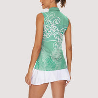 Aotearoa Maori Koru Curves Women Sleeveless Polo Shirt Silver Ferns - Mint