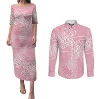 Aotearoa Maori Koru Curves Couples Matching Puletasi and Long Sleeve Button Shirt Silver Ferns - Rose Pink