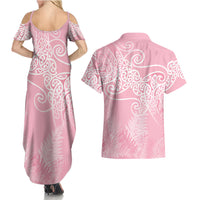 Aotearoa Maori Koru Curves Couples Matching Summer Maxi Dress and Hawaiian Shirt Silver Ferns - Rose Pink LT7 - Polynesian Pride
