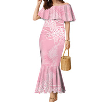 Aotearoa Maori Koru Curves Family Matching Mermaid Dress and Hawaiian Shirt Silver Ferns - Rose Pink LT7 Mom's Dress Pink - Polynesian Pride
