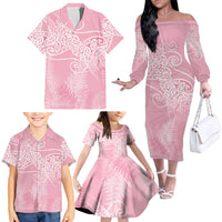 Aotearoa Maori Koru Curves Family Matching Off The Shoulder Long Sleeve Dress and Hawaiian Shirt Silver Ferns - Rose Pink LT7 - Polynesian Pride