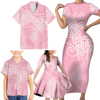 Aotearoa Maori Koru Curves Family Matching Short Sleeve Bodycon Dress and Hawaiian Shirt Silver Ferns - Rose Pink LT7 - Polynesian Pride