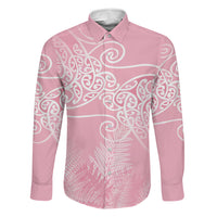 Aotearoa Maori Koru Curves Family Matching Tank Maxi Dress and Hawaiian Shirt Silver Ferns - Rose Pink LT7 Dad's Shirt - Long Sleeve Pink - Polynesian Pride