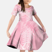 Aotearoa Maori Koru Curves Kid Short Sleeve Dress Silver Ferns - Rose Pink