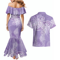 Aotearoa Maori Koru Curves Couples Matching Mermaid Dress and Hawaiian Shirt Silver Ferns - Amethyst LT7 - Polynesian Pride