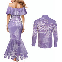 Aotearoa Maori Koru Curves Couples Matching Mermaid Dress and Long Sleeve Button Shirt Silver Ferns - Amethyst LT7 - Polynesian Pride