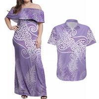 Aotearoa Maori Koru Curves Couples Matching Off Shoulder Maxi Dress and Hawaiian Shirt Silver Ferns - Amethyst LT7 Purple - Polynesian Pride