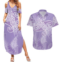 Aotearoa Maori Koru Curves Couples Matching Summer Maxi Dress and Hawaiian Shirt Silver Ferns - Amethyst LT7 Purple - Polynesian Pride