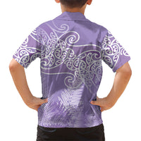 Aotearoa Maori Koru Curves Family Matching Long Sleeve Bodycon Dress and Hawaiian Shirt Silver Ferns - Amethyst LT7 - Polynesian Pride