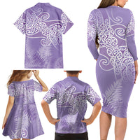 Aotearoa Maori Koru Curves Family Matching Long Sleeve Bodycon Dress and Hawaiian Shirt Silver Ferns - Amethyst LT7 - Polynesian Pride